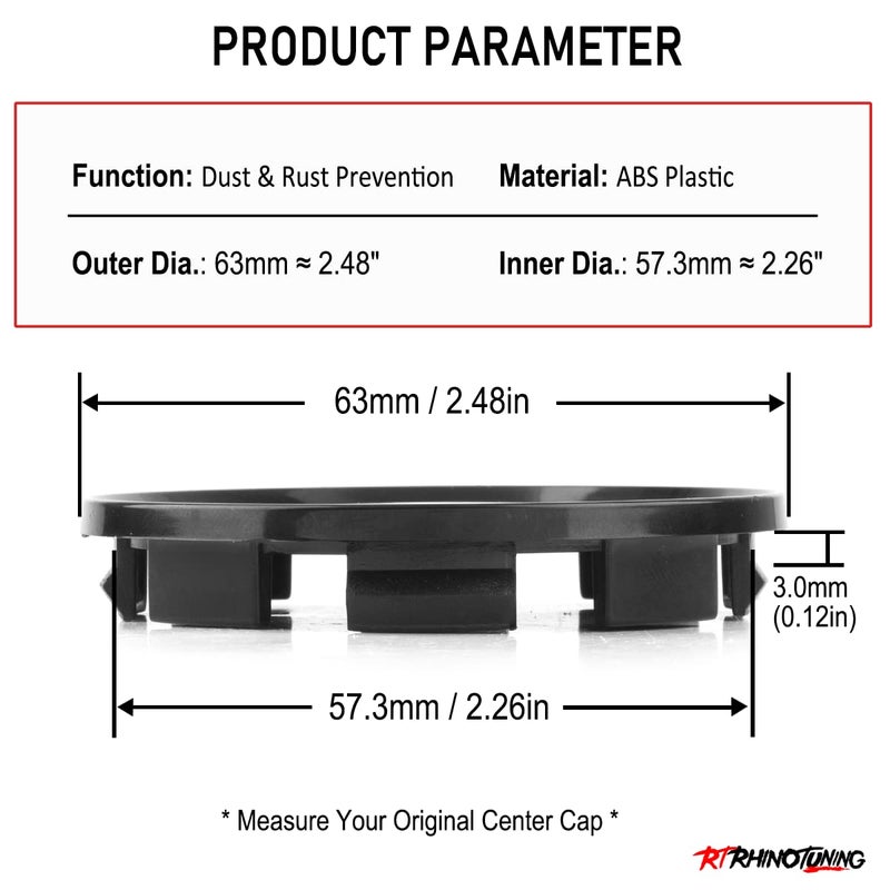 RTRHINOTUNING 63mm 2.5in Wheel Center Caps for Dodge Ram 1500 Dakota Durango 52005732, 63mm(2.48in)/57mm(2.26in) 4 Pack Black Hub Caps - Image 2